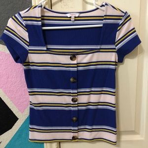 Blue, white, and yellow stripped top